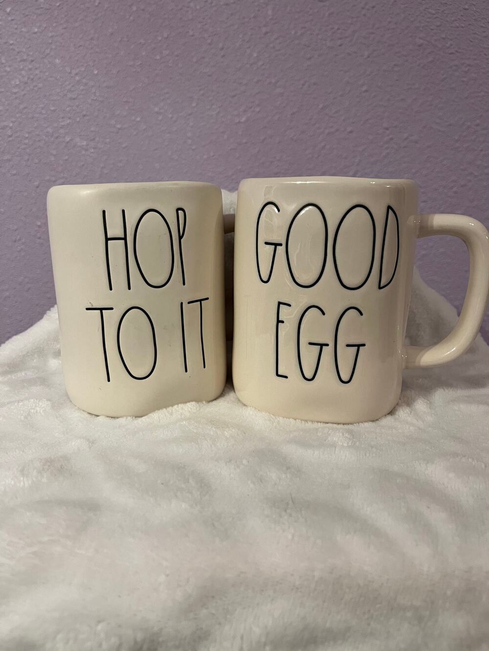 Rae Dunn Easter coffee cups.